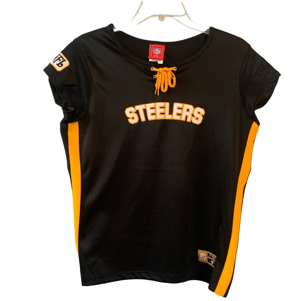 VTG NFL For Her Pittsburgh Steelers Womens Lace-Up Tee Size L Black Gold Stretc